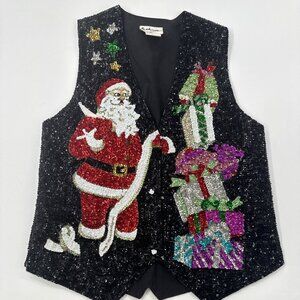 Vintage Sequin Santa Claus Christmas Vest Womens Small Whimsical Colorful Snap